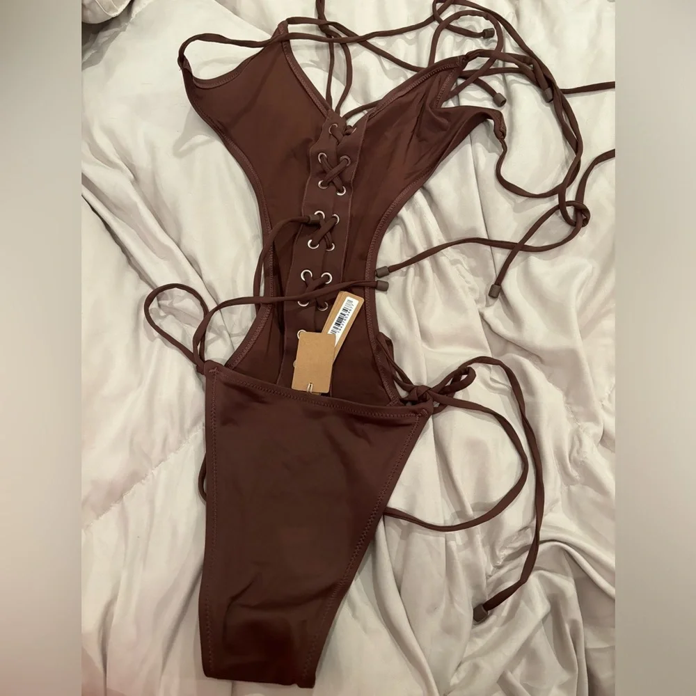 NEW SKIMS Signature Swim Lace Up Monokini / Brown / XXS